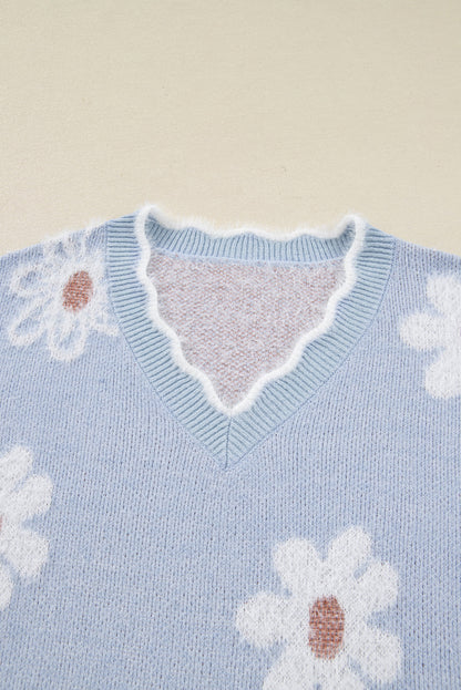 Plus Size Floral Scallop V-Neck Sweater