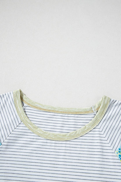 Floral Contrast Stripe Patchwork Raglan Sleeve Tee
