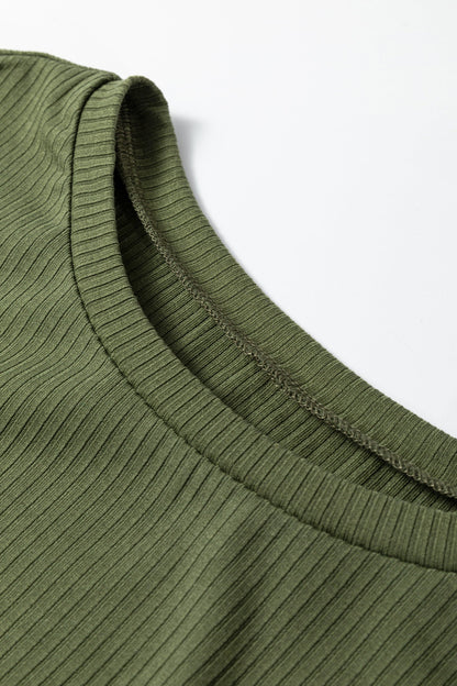 Solid Ribbed Knit Ruffle Short Sleeve T-Shirt