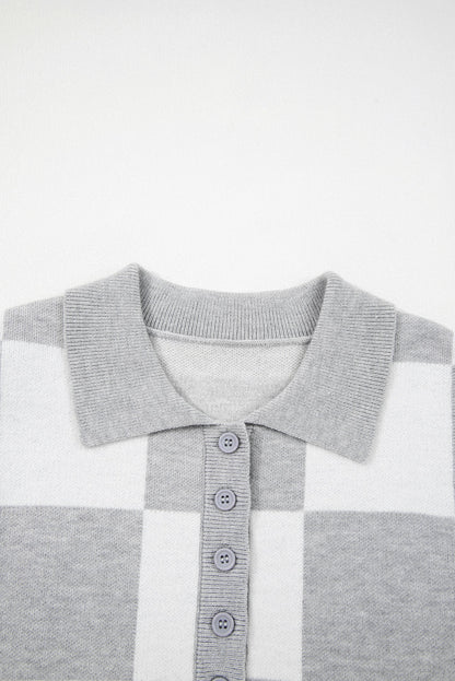 Plus Size Checker Buttoned Polo Collar Sweater
