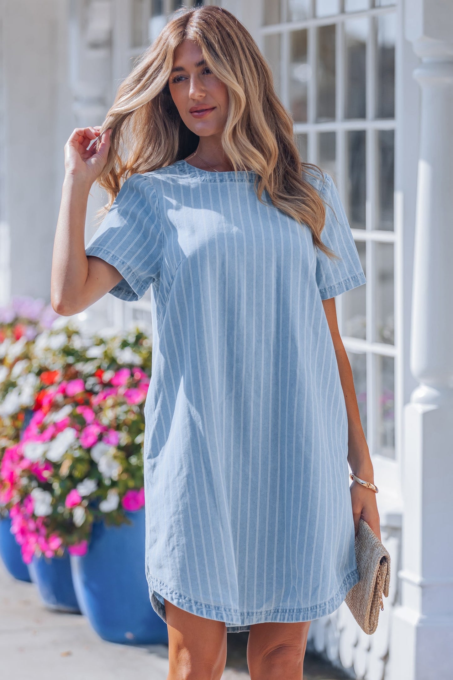 Stripe Denim Buttoned Back Mini T-Shirt Dress