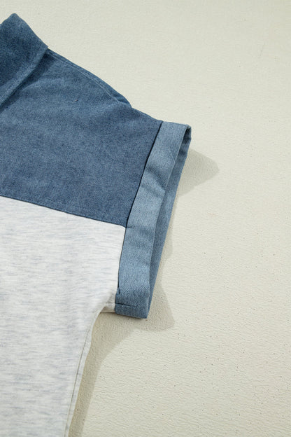 Colorblock Denim Patchwork Buttoned Polo Top