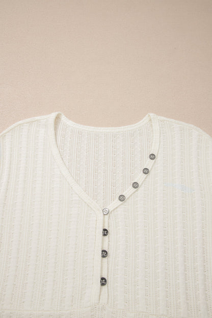 Solid Textured Knit V-Neck Henley Tee