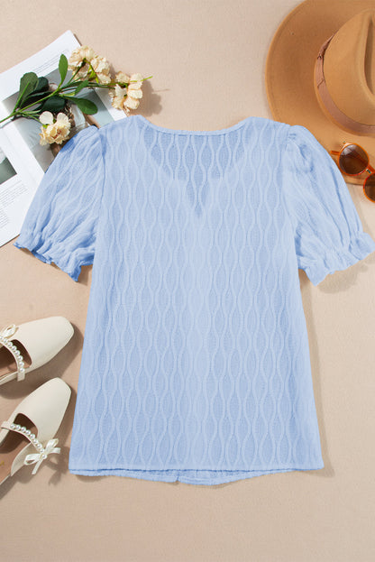 Solid Textured Notch Neck Puff Sleeve Blouse