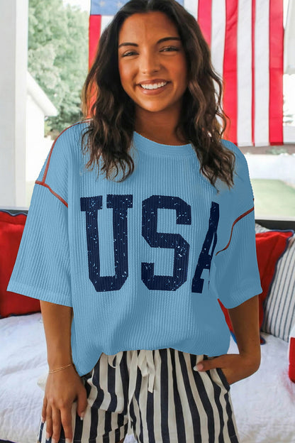USA Corded Knit Short Sleeve Graphic Top