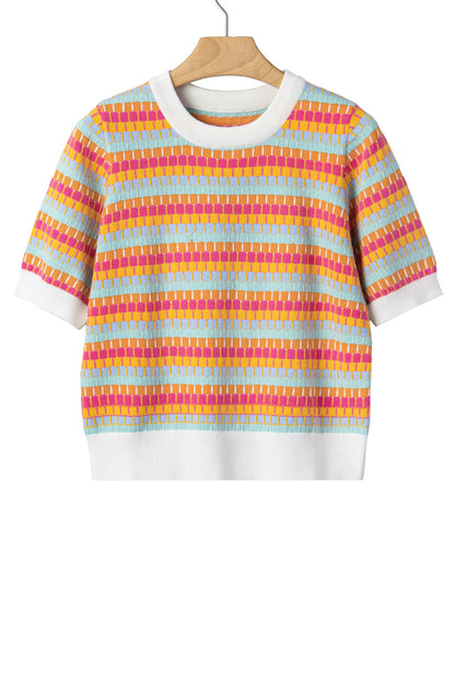 Abstract Stripe Short Sleeve Sweater Knit Top
