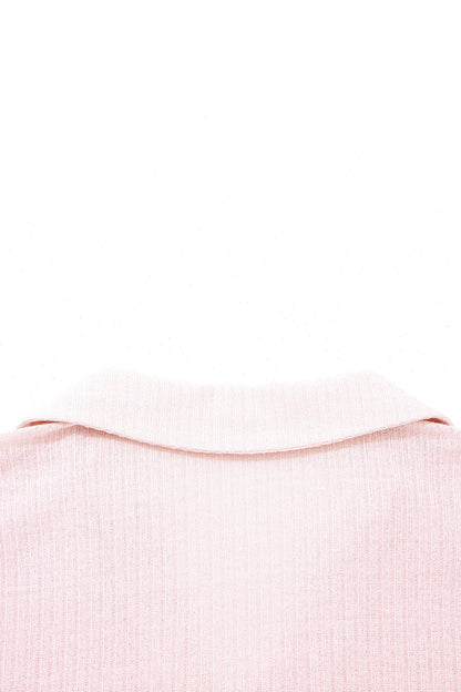 Solid Ribbed Knit Collared V-Neck Tee