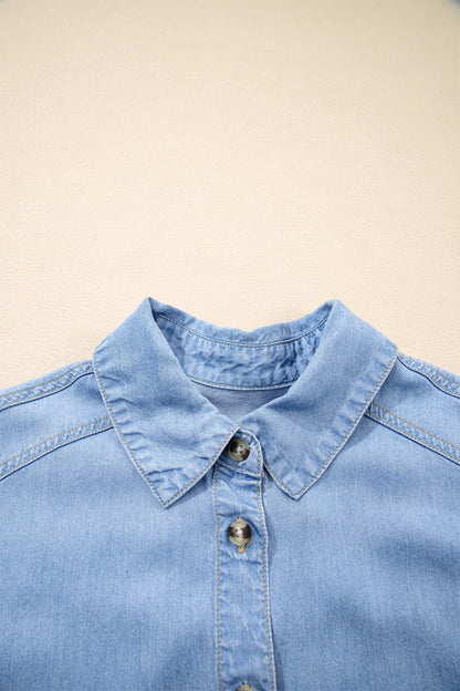 Denim Chambray Ruffle 3/4 Sleeve Buttoned Shirt