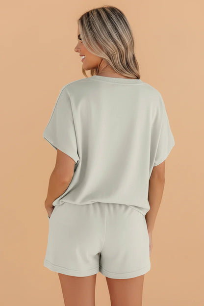 Solid Puff Sleeve Top & Drawstring Shorts Set