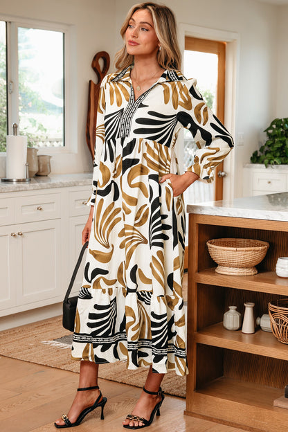 Tropical Contrast Trim Ruffle Hem Dress