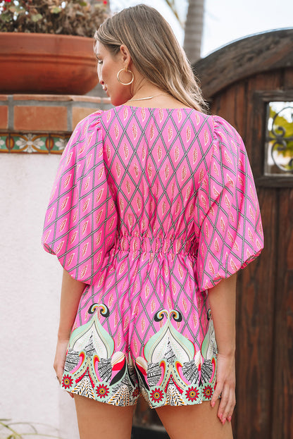 Paisley Geometric V-Neck High Waist Romper