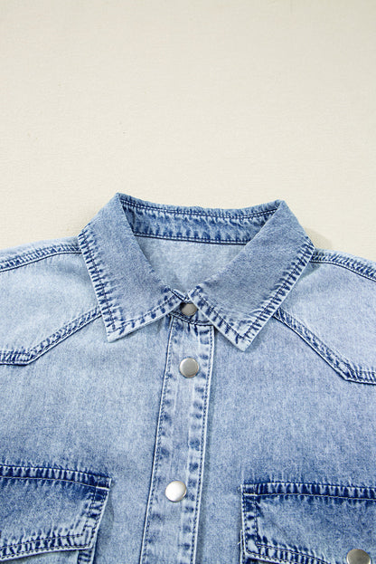 Solid Denim Chest Pocket Raw Hem Shirt Dress