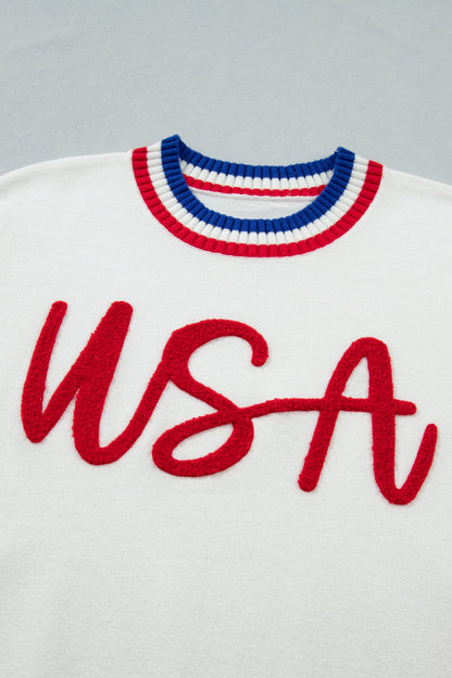 USA Stripe Contrast Trim Short Sleeve Sweater