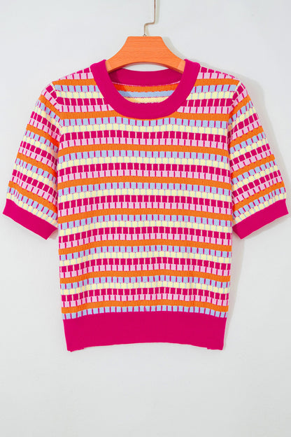 Abstract Stripe Short Sleeve Sweater Knit Top