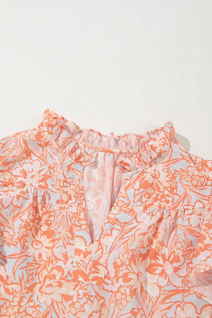 Floral Ruffle Sleeve Split Neck Blouse
