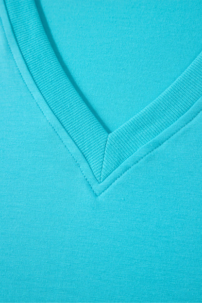 Solid V-Neck Short Puff Sleeve Blouse