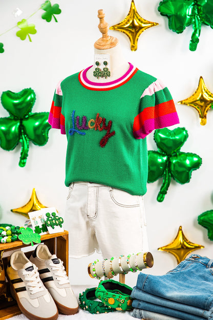 Lucky Stripe Flutter Sleeve Round Neck Sweater