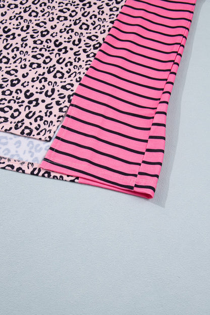 Plus Size Leopard Stripe Contrast Patchwork Tee