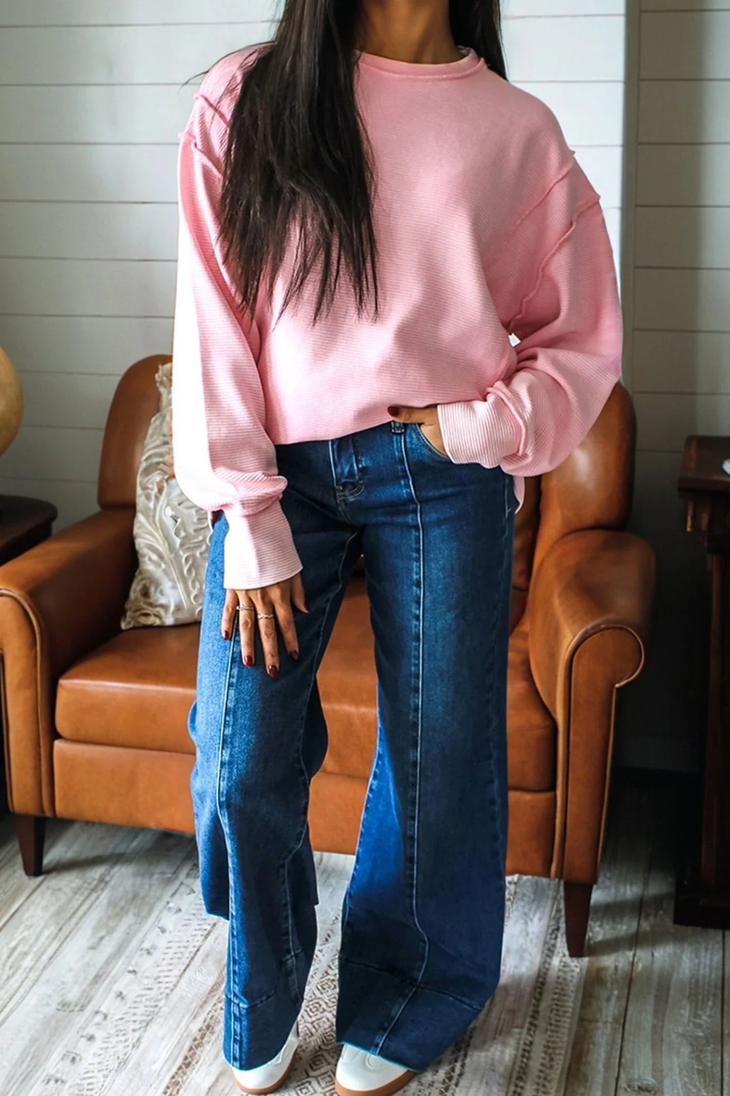 Solid Ribbed Exposed Seam Long Sleeve Top
