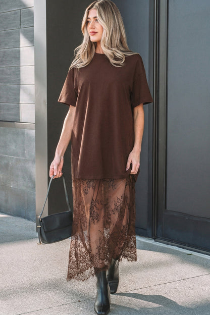 Solid Lace Patchwork Short Sleeve Maxi Dress