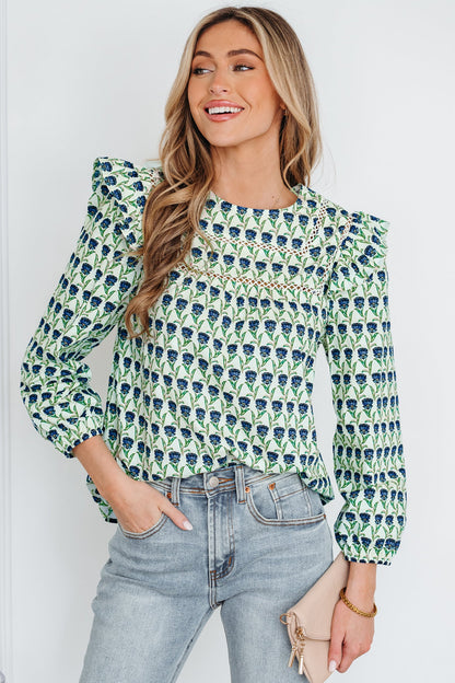 Floral Lace Trim Ruffle Long Sleeve Blouse