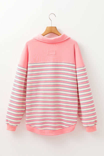 Stripe Buttoned Collared V-Neck Drop Shoulder Top