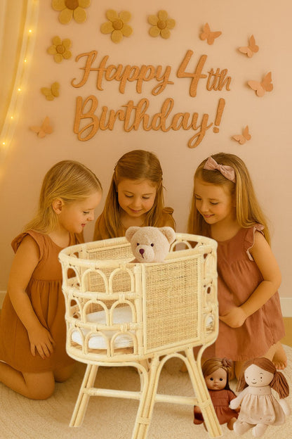 Rattan Doll Crib – Handmade Wicker Doll Bed, Boho Montessori Toy Bassinet for Girls