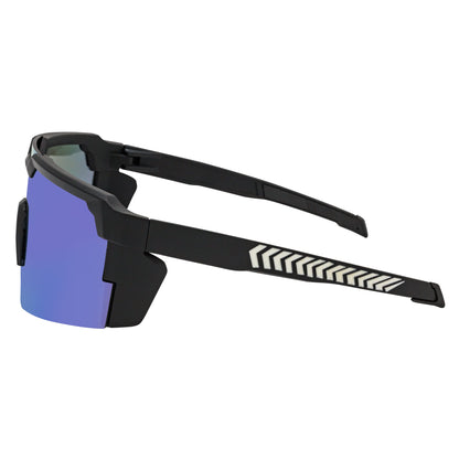 HITECH - Futuristic Rimless Shield Sunglasses Black-White Blue Mirror