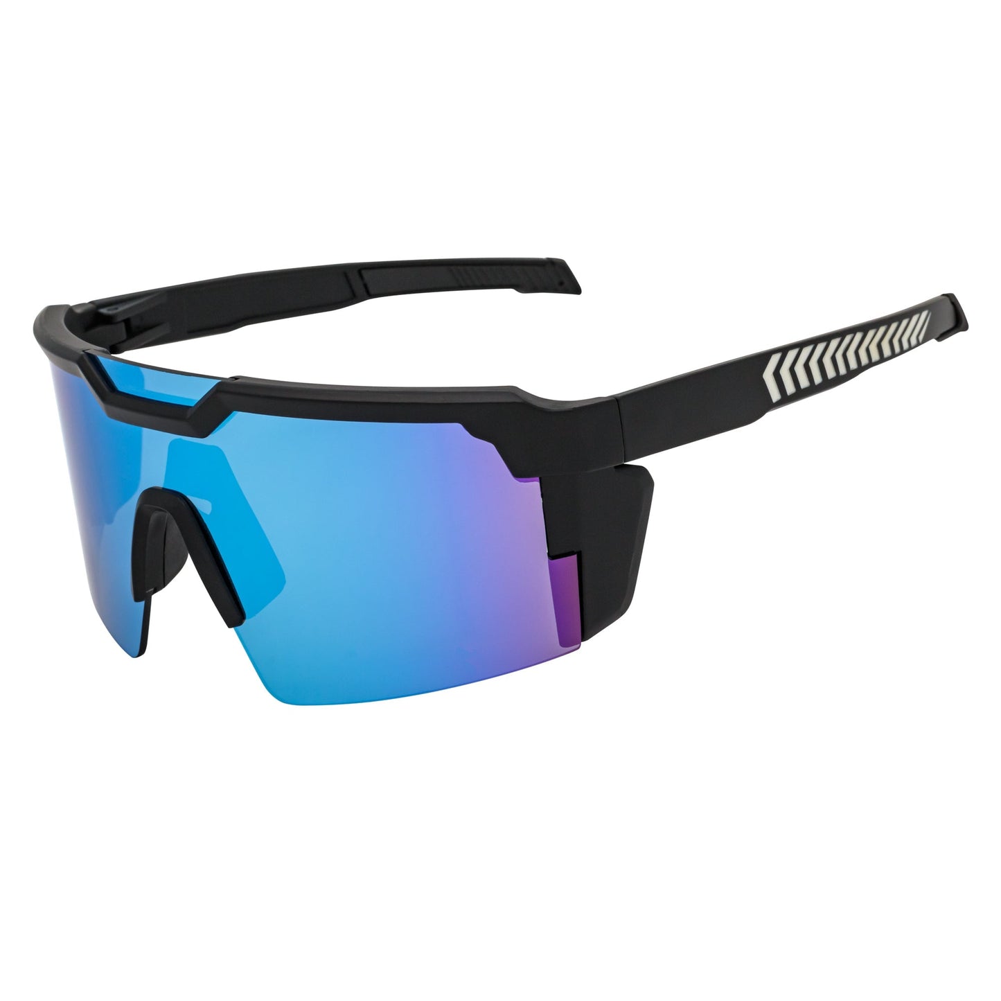 HITECH - Futuristic Rimless Shield Sunglasses Black-White Blue Mirror