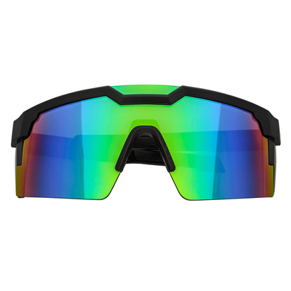 HITECH - Large Futuristic Rimless Shield Sunglasses Black Green Mirror