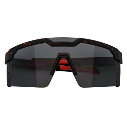 HITECH - Large Futuristic Rimless Shield Sunglasses Black-Red Smoke Lens