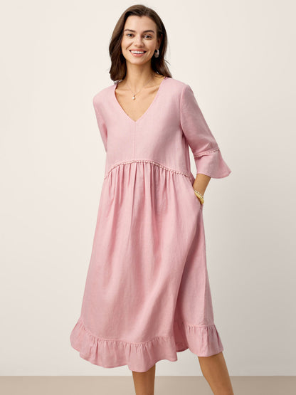 100% Linen V-Neck Ruffle Hem Midi Dress with Crochet Trim MARTHA