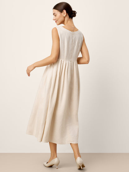 100% Linen Sleeveless Crew Neck Waist Pleated Maxi Dress SELENE