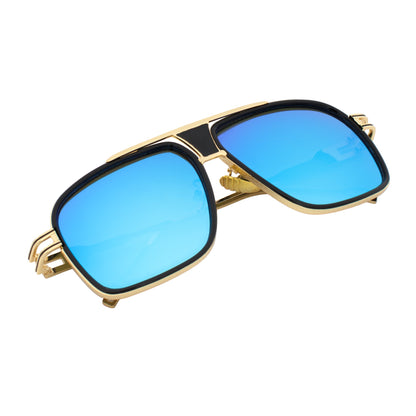 MAC - Two-Tone Square Metal Aviator Black-Gold  Sunglasses Blue Mirror Lens