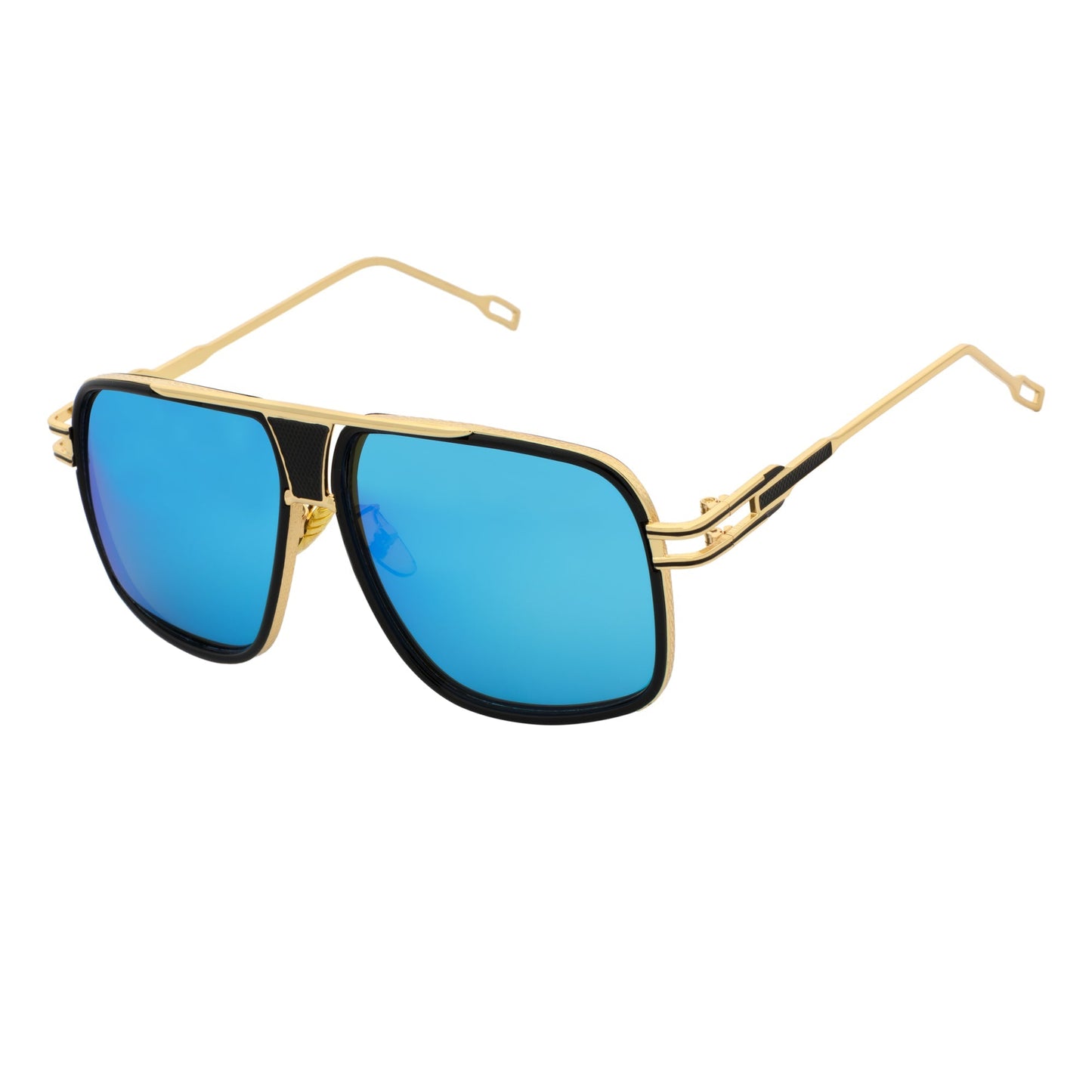 MAC - Two-Tone Square Metal Aviator Black-Gold  Sunglasses Blue Mirror Lens