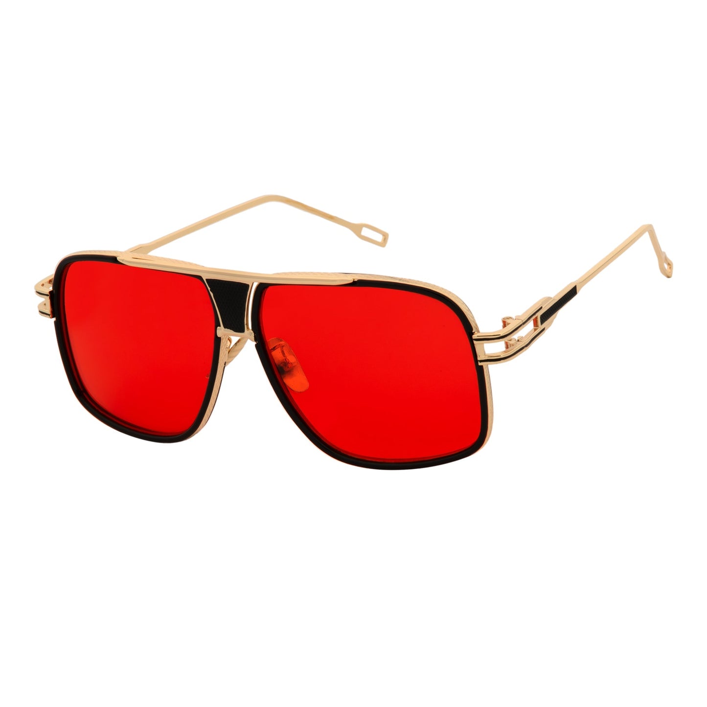 MAC - Two-Tone Square Metal Aviator Black-Gold Sunglasses Red Lens