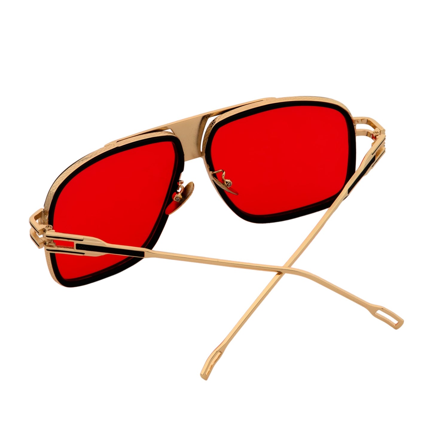 MAC - Two-Tone Square Metal Aviator Black-Gold Sunglasses Red Lens