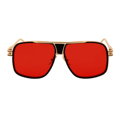 MAC - Two-Tone Square Metal Aviator Black-Gold Sunglasses Red Lens
