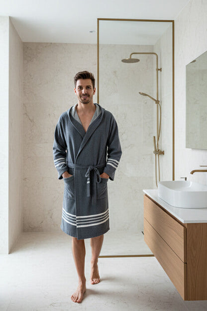 Organic Turkish Cotton Short Bathrobe with Hood – Lightweight Robe