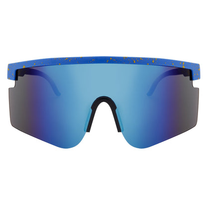 MONOLITH - X-Large Rimless Sports Shield Sunglasses Black Yellow-Blue Mirror