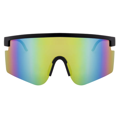 MONOLITH - X-Large Rimless Sports Shield Sunglasses Matte Black Rainbow Mirror