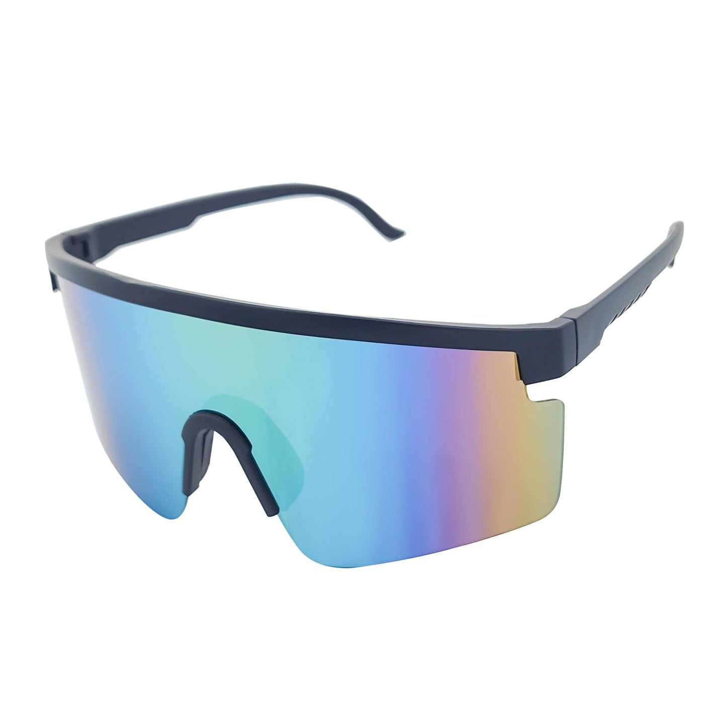 MONOLITH - X-Large Rimless Sports Shield Sunglasses Matte Black Rainbow Mirror