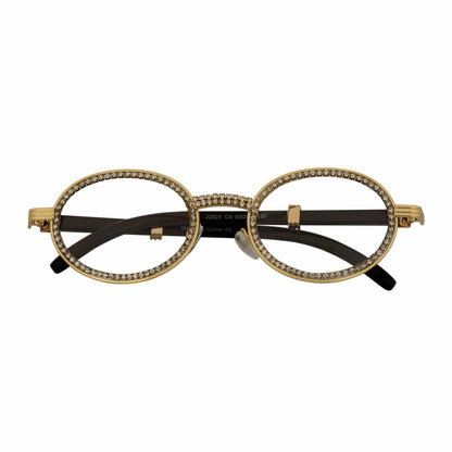 BLING ONE - Rhinestone Retro 90s Metal Round Oval Glasses Gold Clear Lens