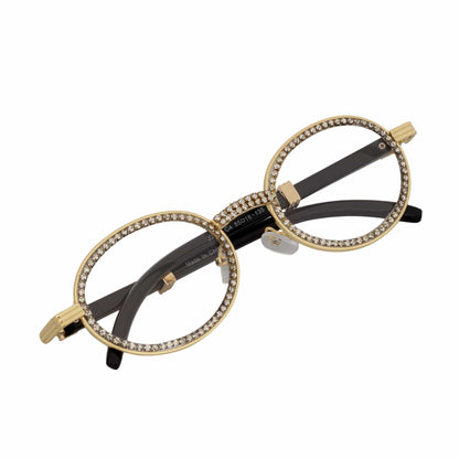 BLING ONE - Rhinestone Retro 90s Metal Round Oval Glasses Gold Clear Lens
