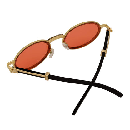 BLING ONE - Rhinestone Retro 90s Round Metal Oval Sunglasses Gold Red Tint