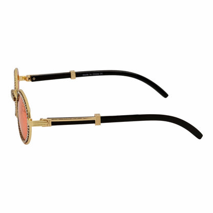 BLING ONE - Rhinestone Retro 90s Round Metal Oval Sunglasses Gold Red Tint