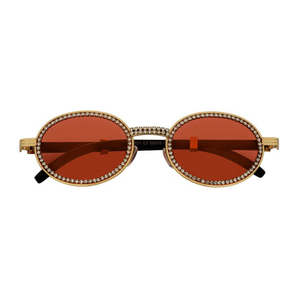 BLING ONE - Rhinestone Retro 90s Round Metal Oval Sunglasses Gold Red Tint