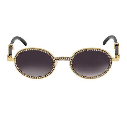 BLING ONE - Rhinestone Retro 90s Fashion Round Metal Oval Sunglasses Gold Smoke