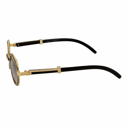 BLING ONE - Rhinestone Retro 90s Fashion Round Metal Oval Sunglasses Gold Smoke