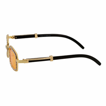 BLING TWO - Rhinestone Retro 90s Metal Rectangle Sunglasses Gold Orange Lens